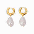 Glozya 18K Gold Plated Baroque Pearl Congo Earrings featuring unique baroque-style pearls suspended from waterproof, hypoallergenic gold-plated stainless steel hoops.