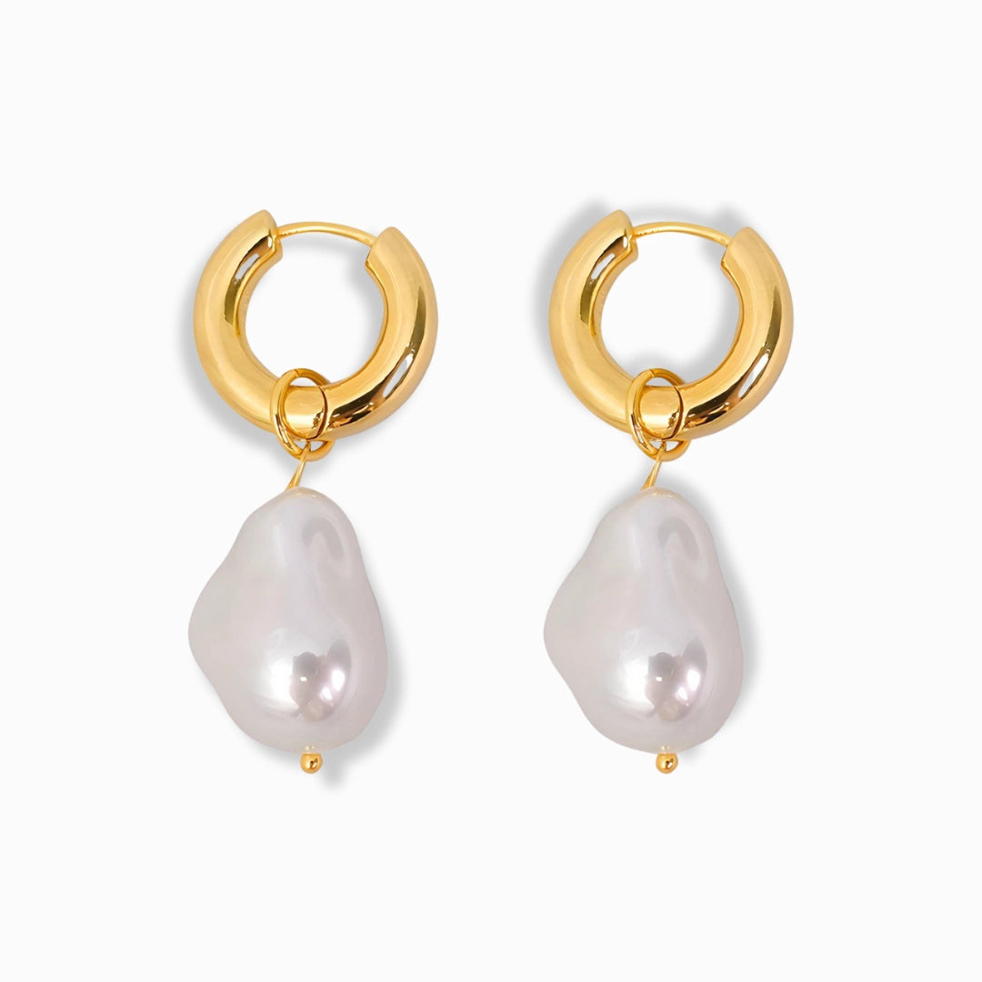 Glozya 18K Gold Plated Baroque Pearl Congo Earrings featuring unique baroque-style pearls suspended from waterproof, hypoallergenic gold-plated stainless steel hoops.