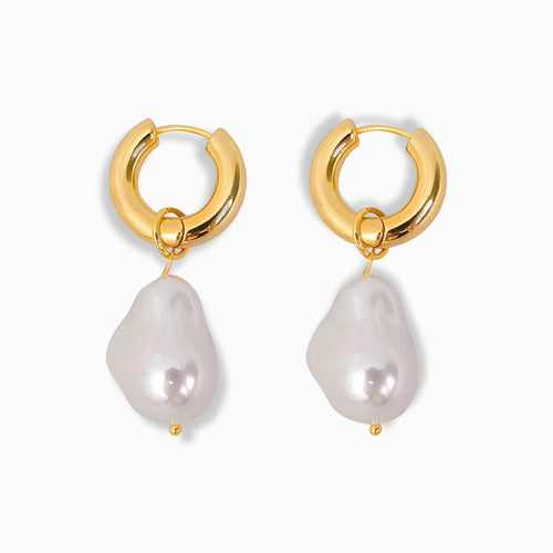 Glozya 18K Gold Plated Baroque Pearl Congo Earrings featuring unique baroque-style pearls suspended from waterproof, hypoallergenic gold-plated stainless steel hoops.