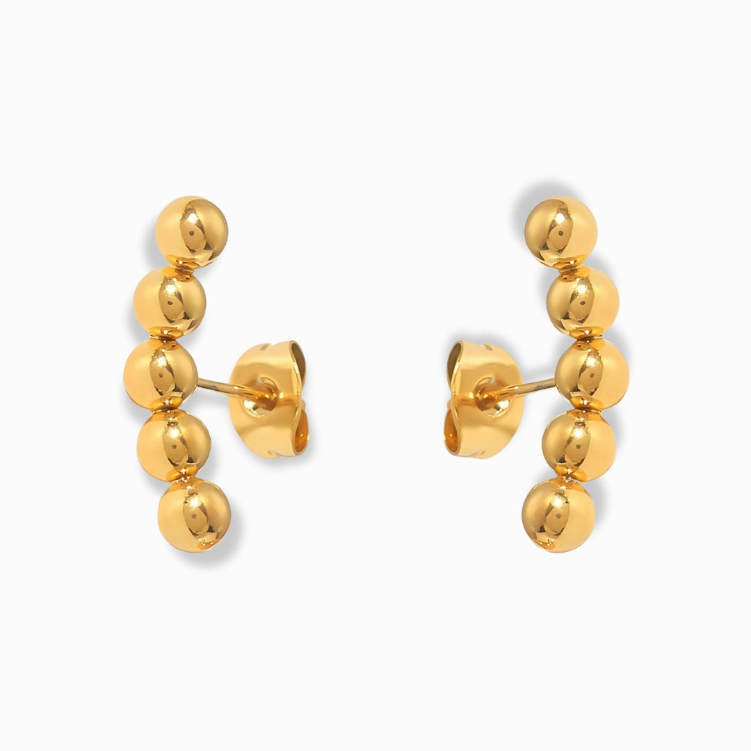 Glozya 18K Gold Plated Beaded Stud Earrings featuring a minimalist, beaded design crafted from waterproof, hypoallergenic stainless steel with a polished gold finish.