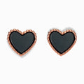 Glozya 18K Gold Plated Black Heart Stud Earrings with a rose gold-plated stainless steel frame, featuring a sleek black enamel heart, hypoallergenic and waterproof.