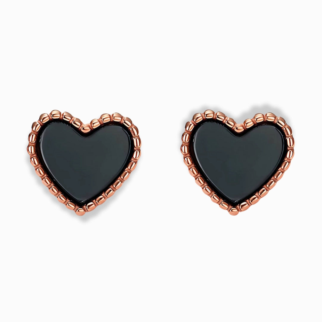 Glozya 18K Gold Plated Black Heart Stud Earrings with a rose gold-plated stainless steel frame, featuring a sleek black enamel heart, hypoallergenic and waterproof.
