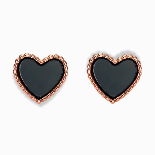 Glozya 18K Gold Plated Black Heart Stud Earrings with a rose gold-plated stainless steel frame, featuring a sleek black enamel heart, hypoallergenic and waterproof.