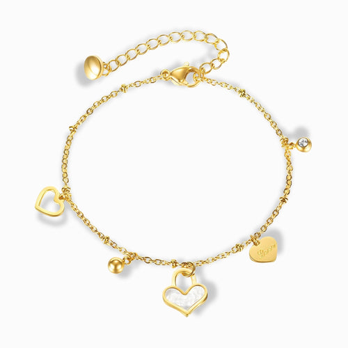 Glozya 18K Gold Plated Bracelet with Love Charms featuring delicate heart charms and beads.