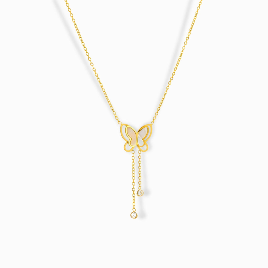 Glozya 18K Gold Plated Butterfly & Zircon Necklace featuring a delicate butterfly pendant with cubic zirconia accents and an adjustable chain.