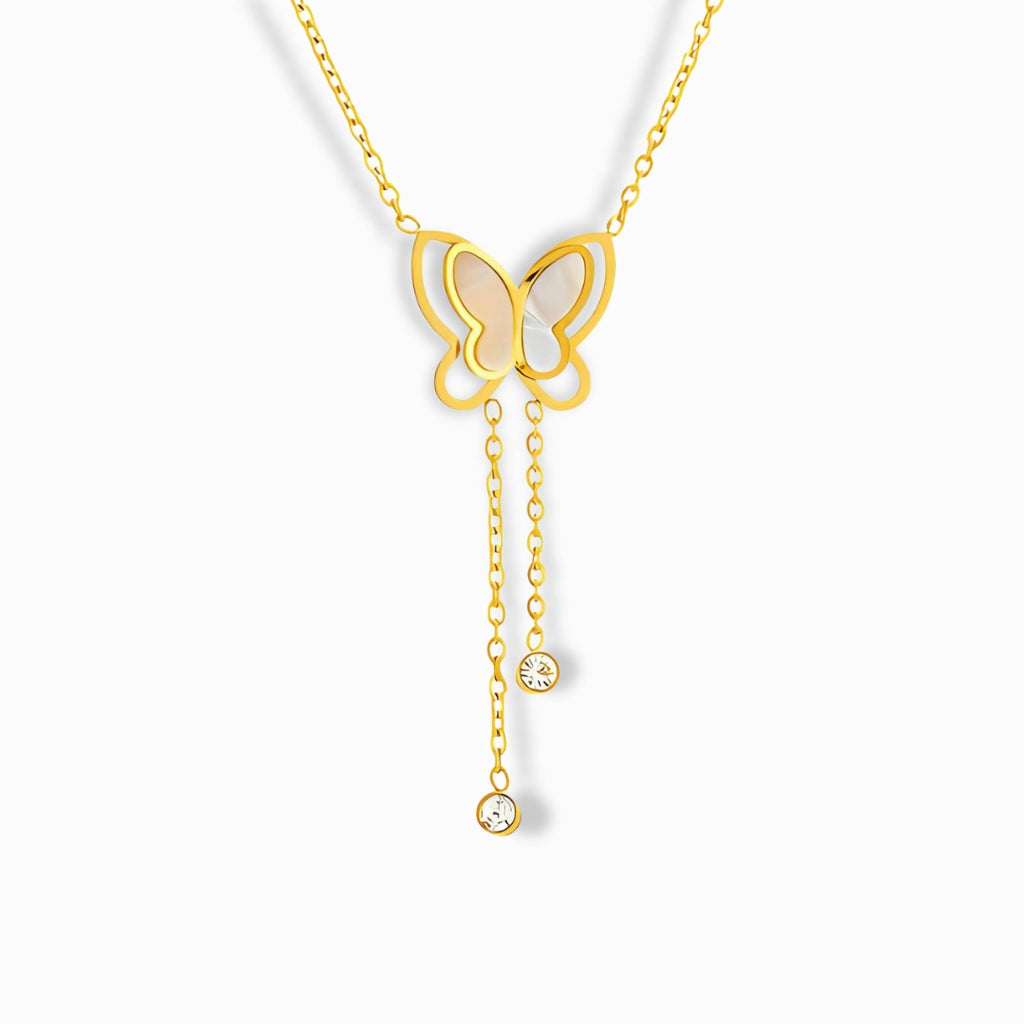 Glozya 18K Gold Plated Butterfly & Zircon Necklace featuring a delicate butterfly pendant with cubic zirconia accents and an adjustable chain.
