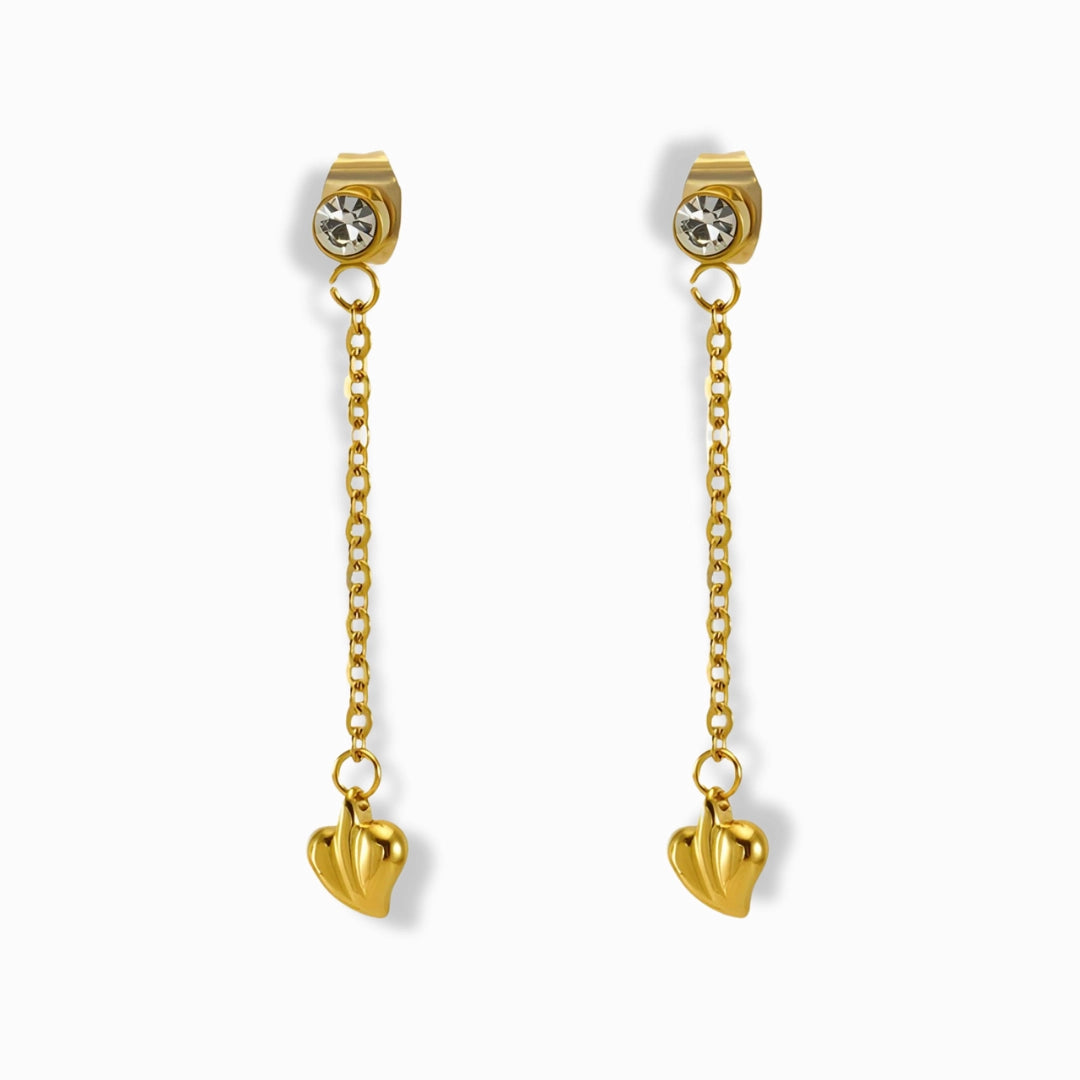 18K gold-plated chain drop heart earrings with crystal studs – hypoallergenic, waterproof, and tarnish-free jewelry from Glozya.