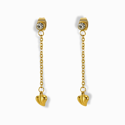 18K gold-plated chain drop heart earrings with crystal studs – hypoallergenic, waterproof, and tarnish-free jewelry from Glozya.