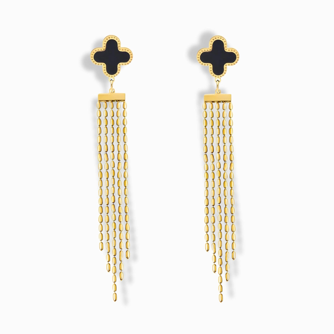Glozya 18K Gold Plated Clover Waterfall Stud Earrings featuring cascading gold chain details and clover-shaped accents, crafted from waterproof, hypoallergenic stainless steel.