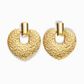 Glozya 18K Gold Plated Embossed Heart Stud Earrings featuring a textured sculpted heart design, crafted from waterproof, hypoallergenic stainless steel with a radiant gold finish.