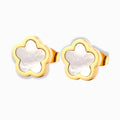 Glozya 18K Gold Plated Floral Shell Stud Earrings featuring a delicate floral shape with a luminous shell inlay, crafted from waterproof, hypoallergenic gold-plated stainless steel.