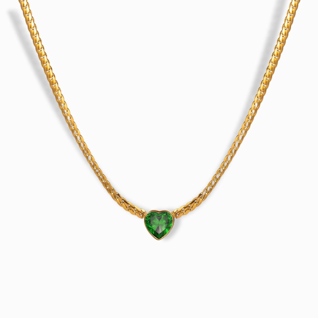 18K Gold Plated Green Heart Pendant Necklace with a vibrant cubic zirconia gemstone.
