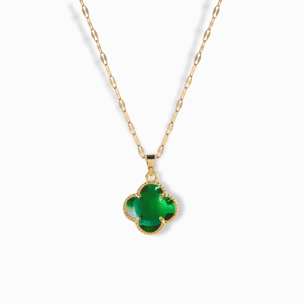 18K Gold Plated Green Zircon Clover Necklace with a four-leaf design.