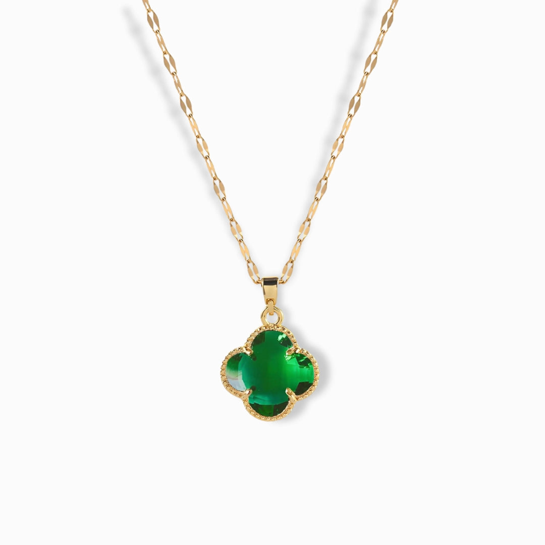 18K Gold Plated Green Zircon Clover Necklace with a four-leaf design.