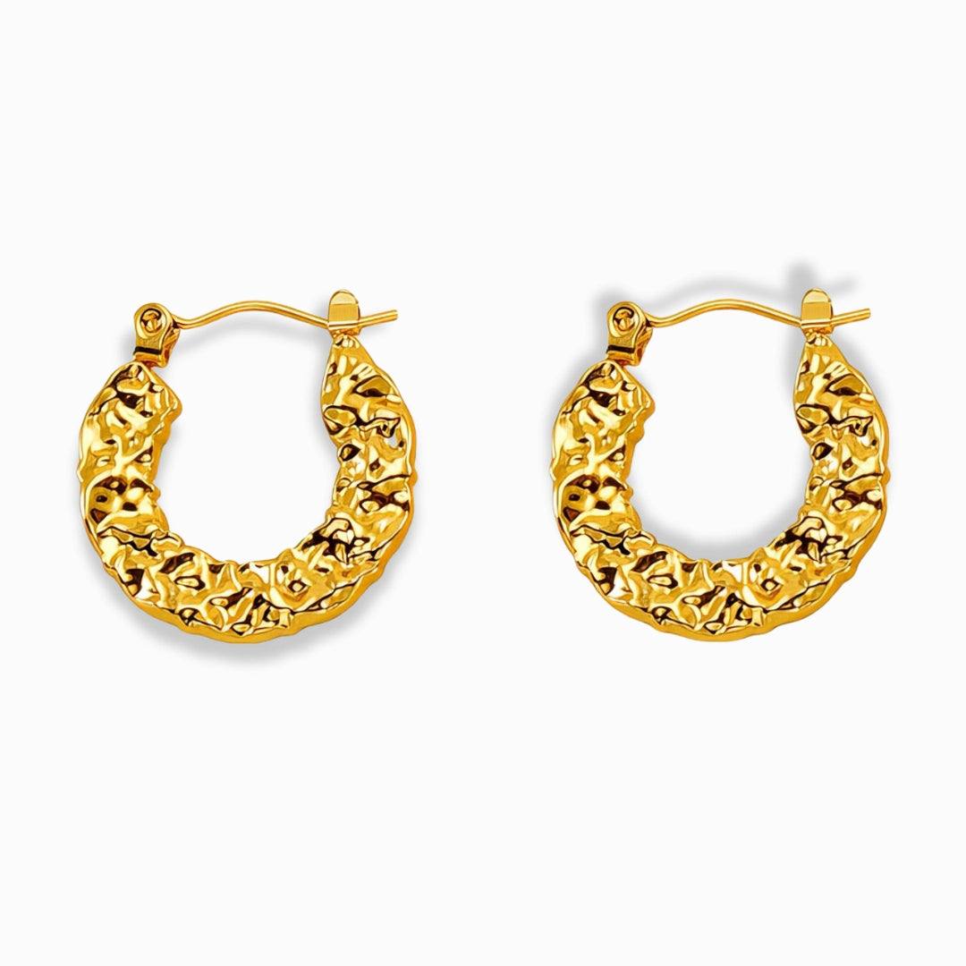 Glozya 18K Gold Plated Hammered Pin Earrings featuring a bold hammered texture, crafted from waterproof, hypoallergenic gold-plated stainless steel.