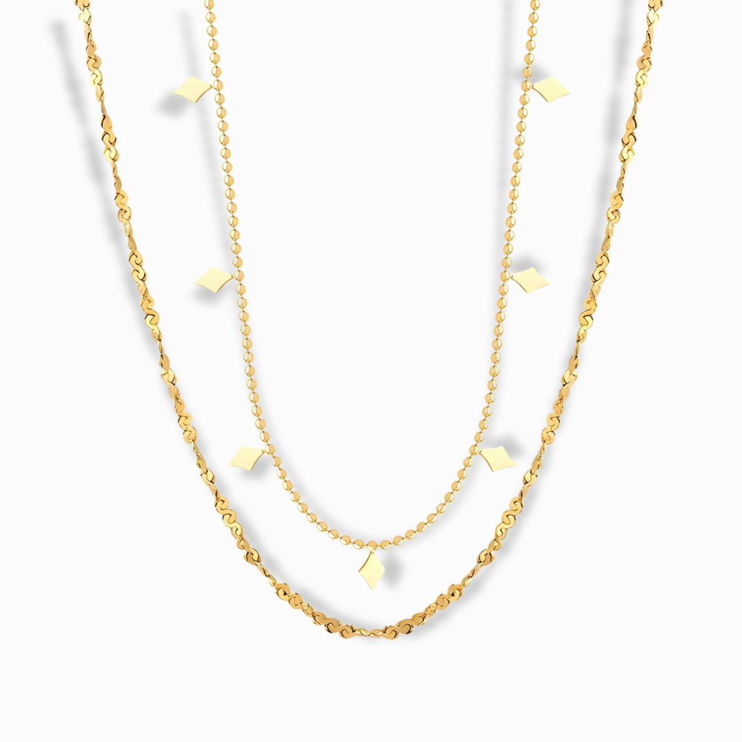 18K Gold Plated Layered Geometric Necklace with minimalist diamond accents.