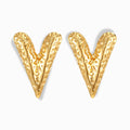 Glozya 18K Gold Plated Letter V Heart Stud Earrings featuring an embossed V-shaped heart design, crafted in stainless steel with triple-layer 18K gold plating, hypoallergenic and waterproof.