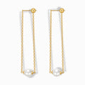 Glozya 18K Gold Plated Pearl Chain Drop Stud Earrings featuring a delicate gold-plated chain with a single pearl drop. Made from stainless steel with triple-layer 18K gold plating, waterproof, hypoallergenic, and tarnish-free.
