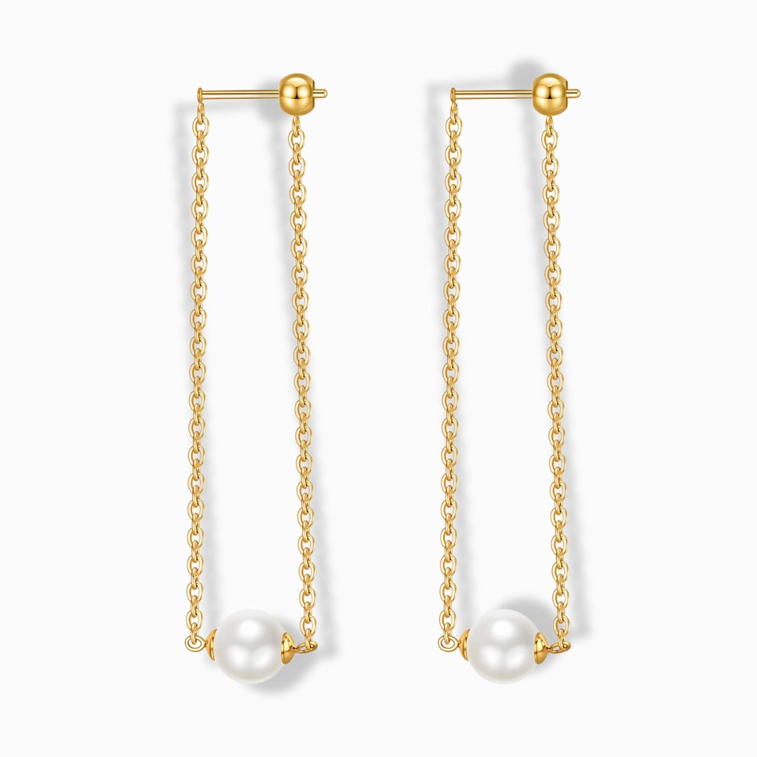 Glozya 18K Gold Plated Pearl Chain Drop Stud Earrings featuring a delicate gold-plated chain with a single pearl drop. Made from stainless steel with triple-layer 18K gold plating, waterproof, hypoallergenic, and tarnish-free.