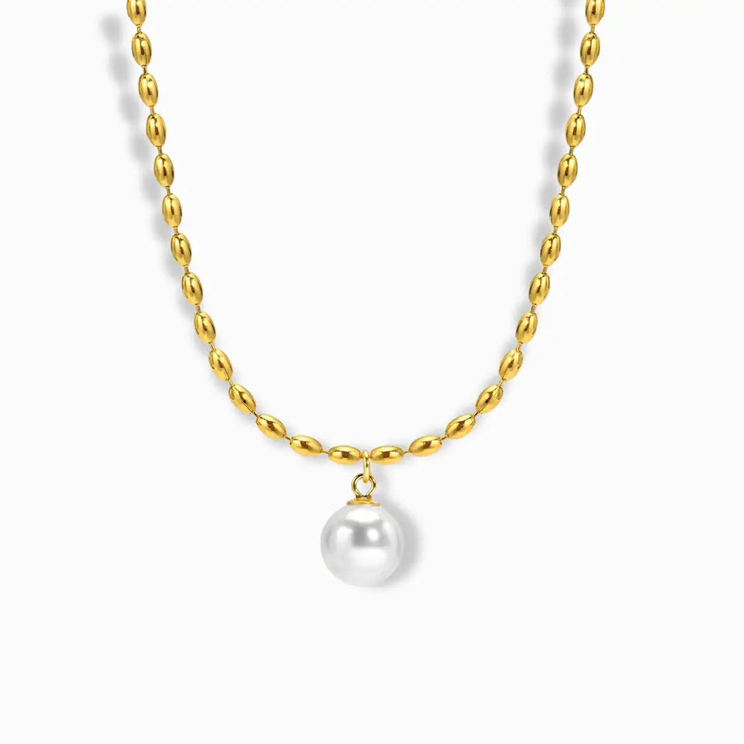 8K Gold Plated Pearl Drop Necklace with a delicate gold chain.