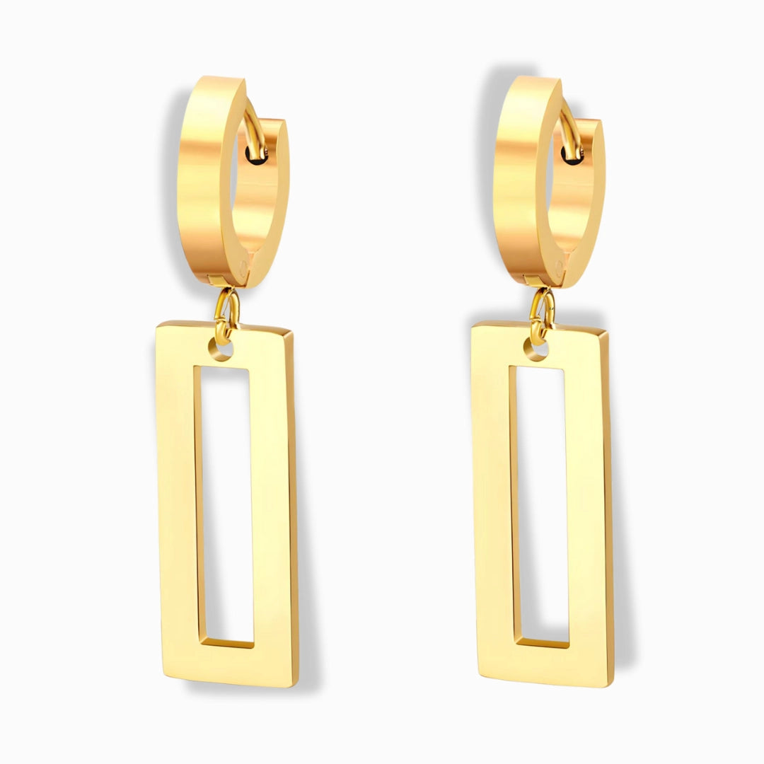 Glozya 18K Gold Plated Rectangle Drop Congo Earrings featuring a modern geometric design, crafted from stainless steel with triple-layer 18K gold plating, hypoallergenic and waterproof.