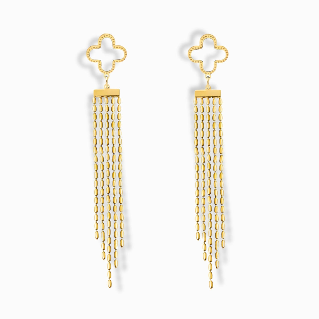 Glozya 18K Gold Plated Tassel Stud Earrings featuring a cascading chain tassel design, crafted in stainless steel with triple-layer 18K gold plating, hypoallergenic and waterproof.