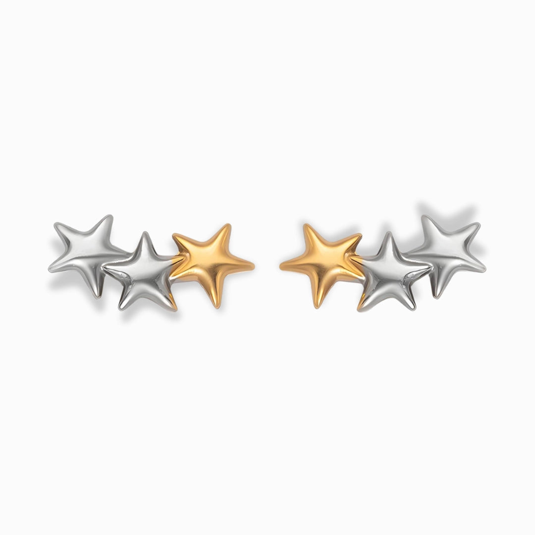 Glozya 18K Gold Plated Two-Tone Star Stud Earrings featuring a celestial-inspired dual-tone star design. Made from stainless steel with 18K gold plating, waterproof, hypoallergenic, and tarnish-free.