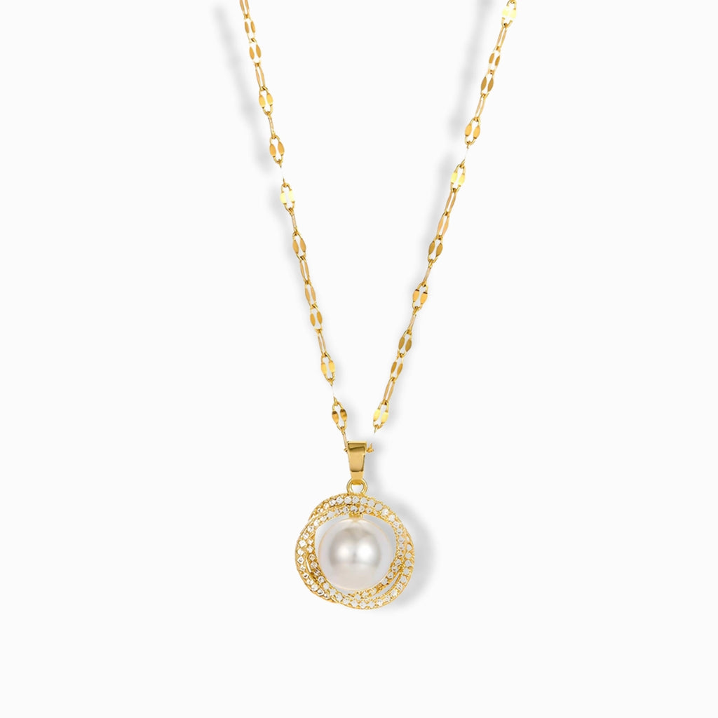 18K Gold Plated Zircon Pearl Pendant Necklace with cubic zirconia accents.