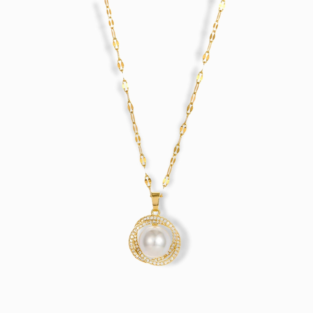 18K Gold Plated Zircon Pearl Pendant Necklace with cubic zirconia accents.