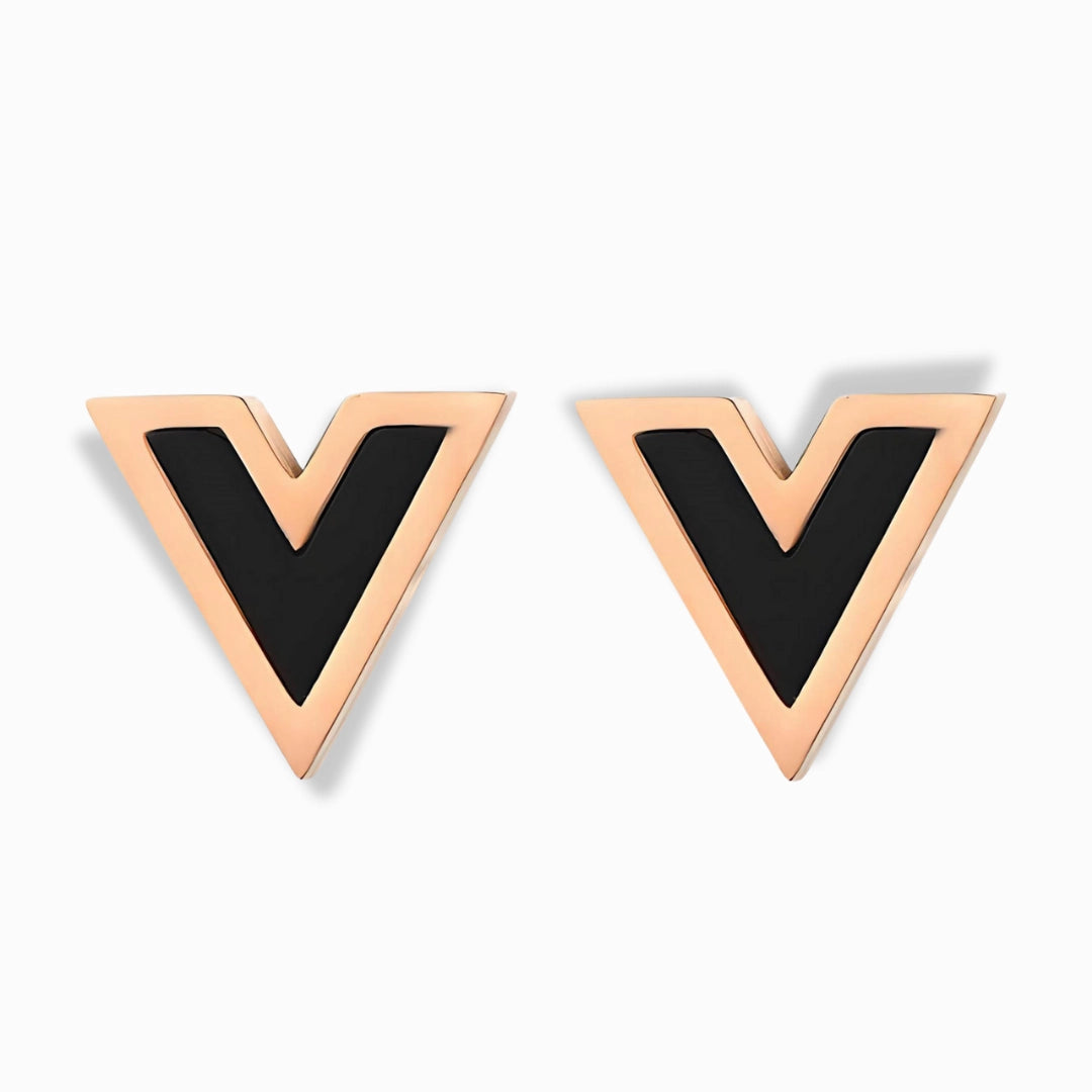 Glozya 18K Rose Gold Plated Black Enamel V Stud Earrings featuring a sleek V-shaped design with bold black enamel, crafted from waterproof, hypoallergenic gold-plated stainless steel.