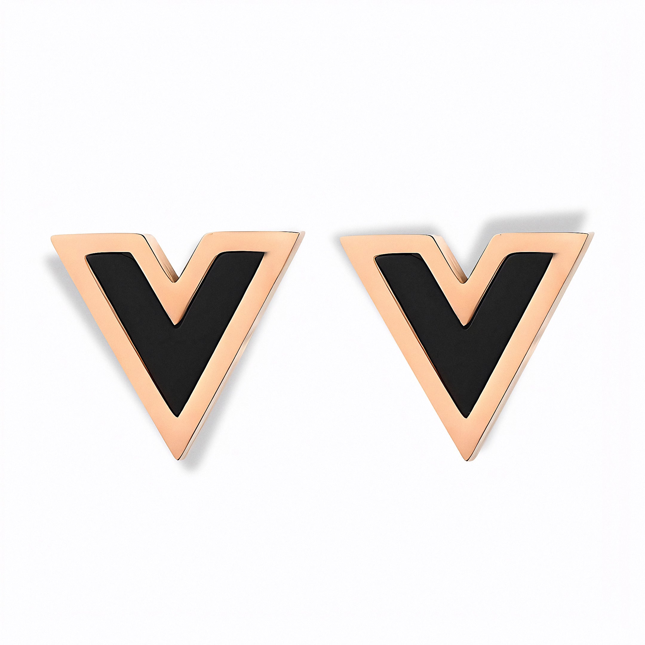 Glozya Black Enamel V-Stud Earrings — studio product photo on white background