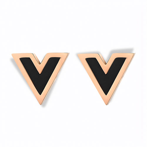 Glozya Black Enamel V-Stud Earrings — studio product photo on white background
