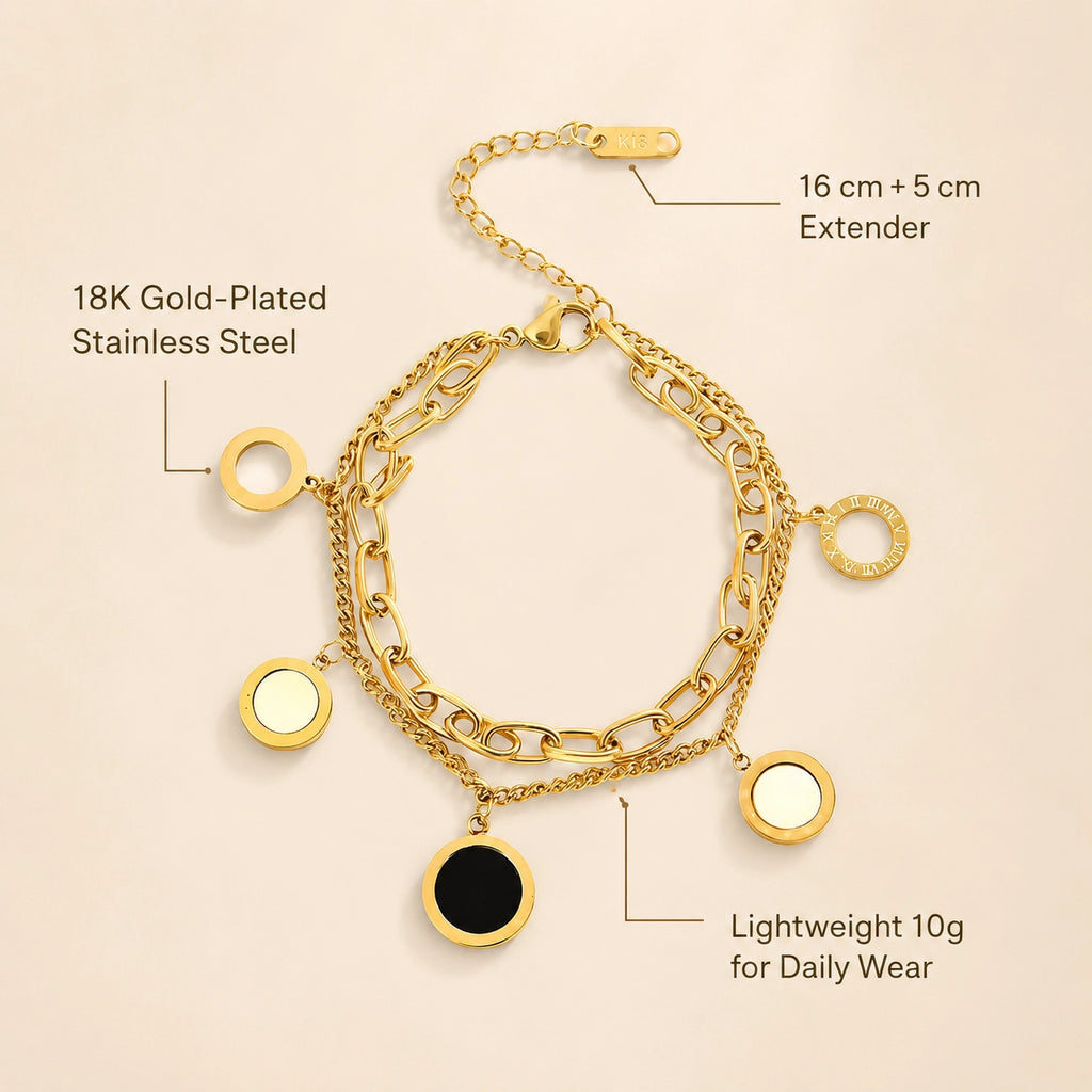 Multi-Charm Bracelet: Dual-Chain Layered Bracelet With Circular Charm Mix