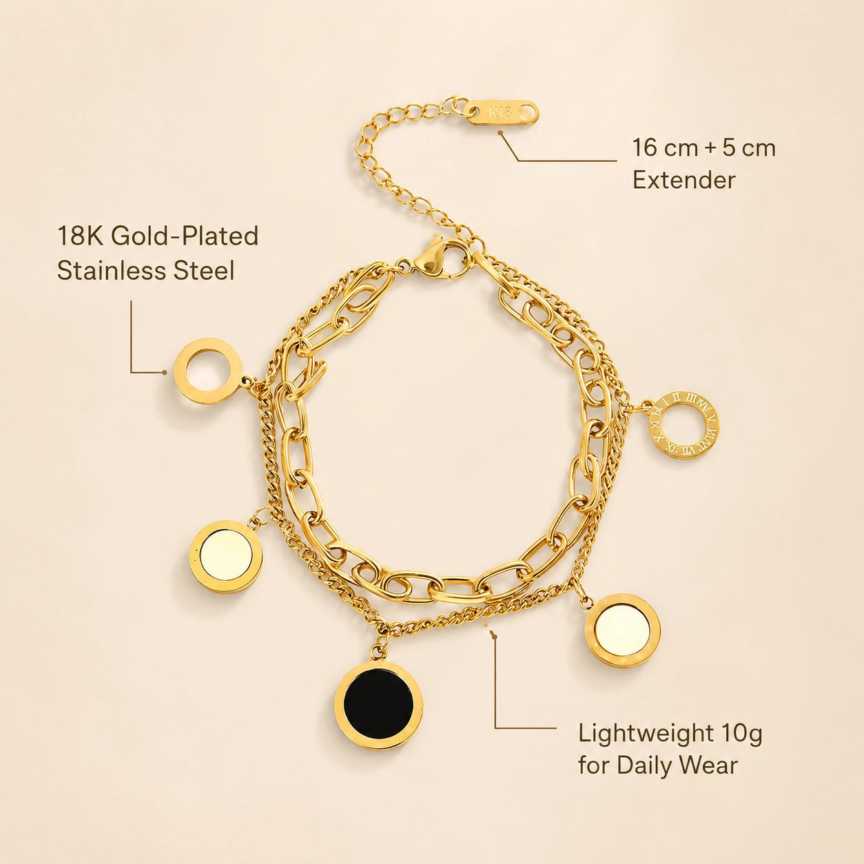 Multi-Charm Bracelet: Dual-Chain Layered Bracelet With Circular Charm Mix