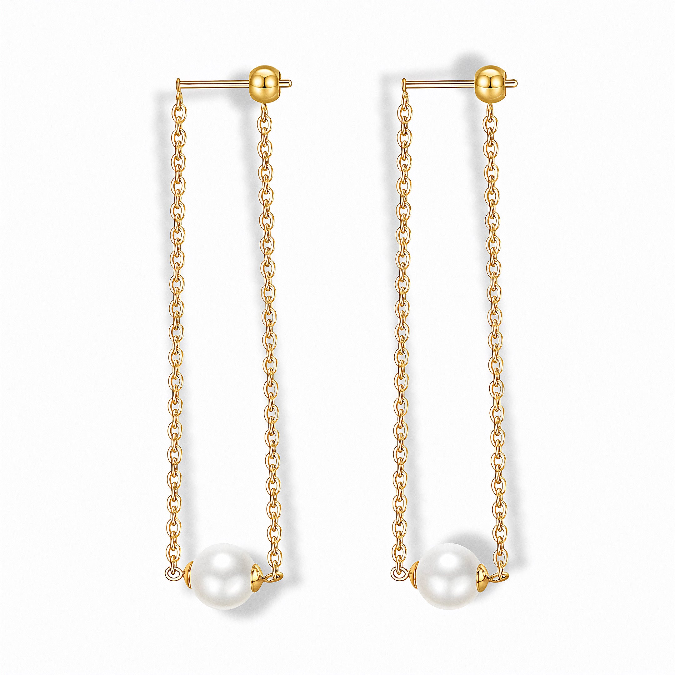 Glozya Pearl Chain Drop Stud Earrings — studio product photo on white background