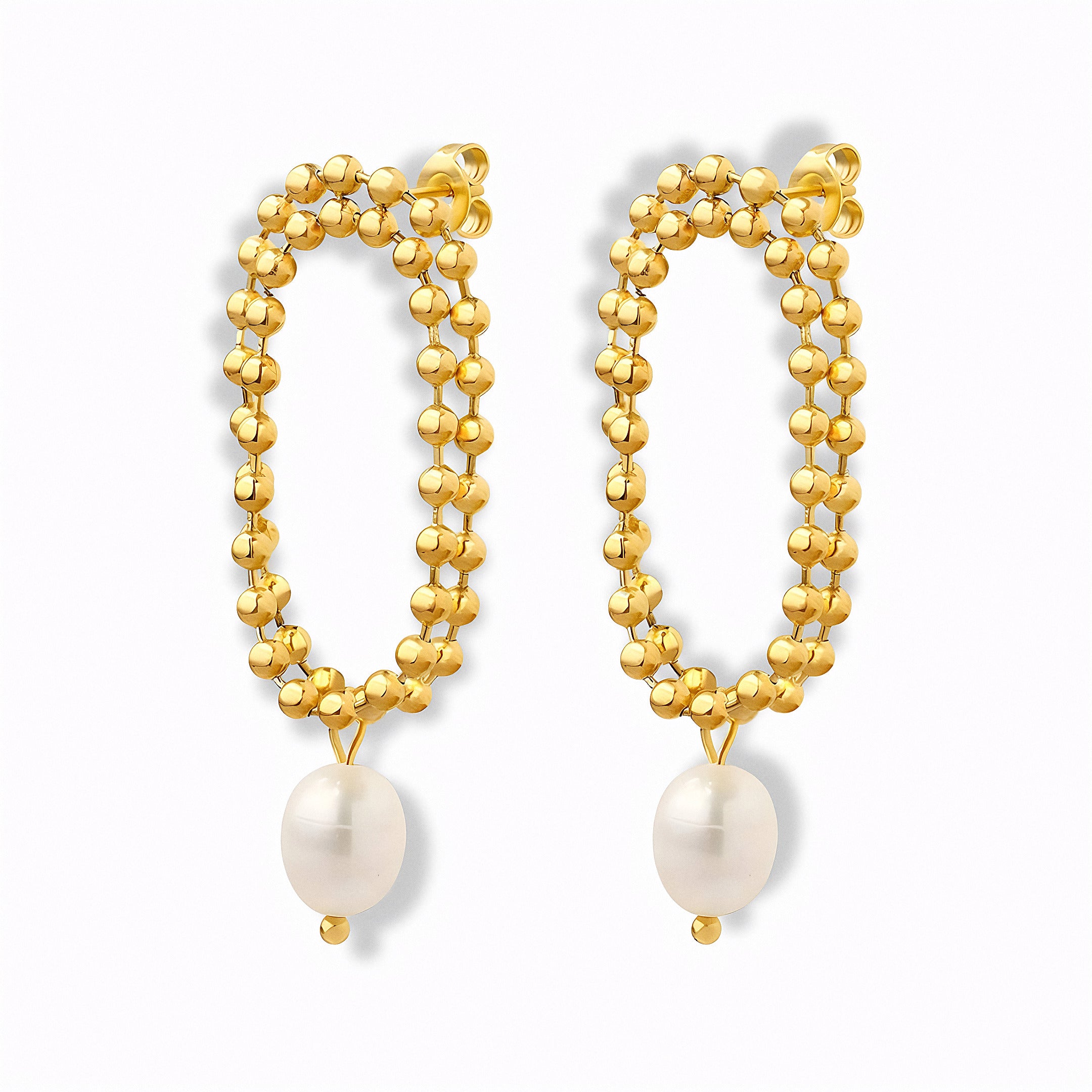 Glozya Pearl Drop Hoop Earrings — studio product photo on white background